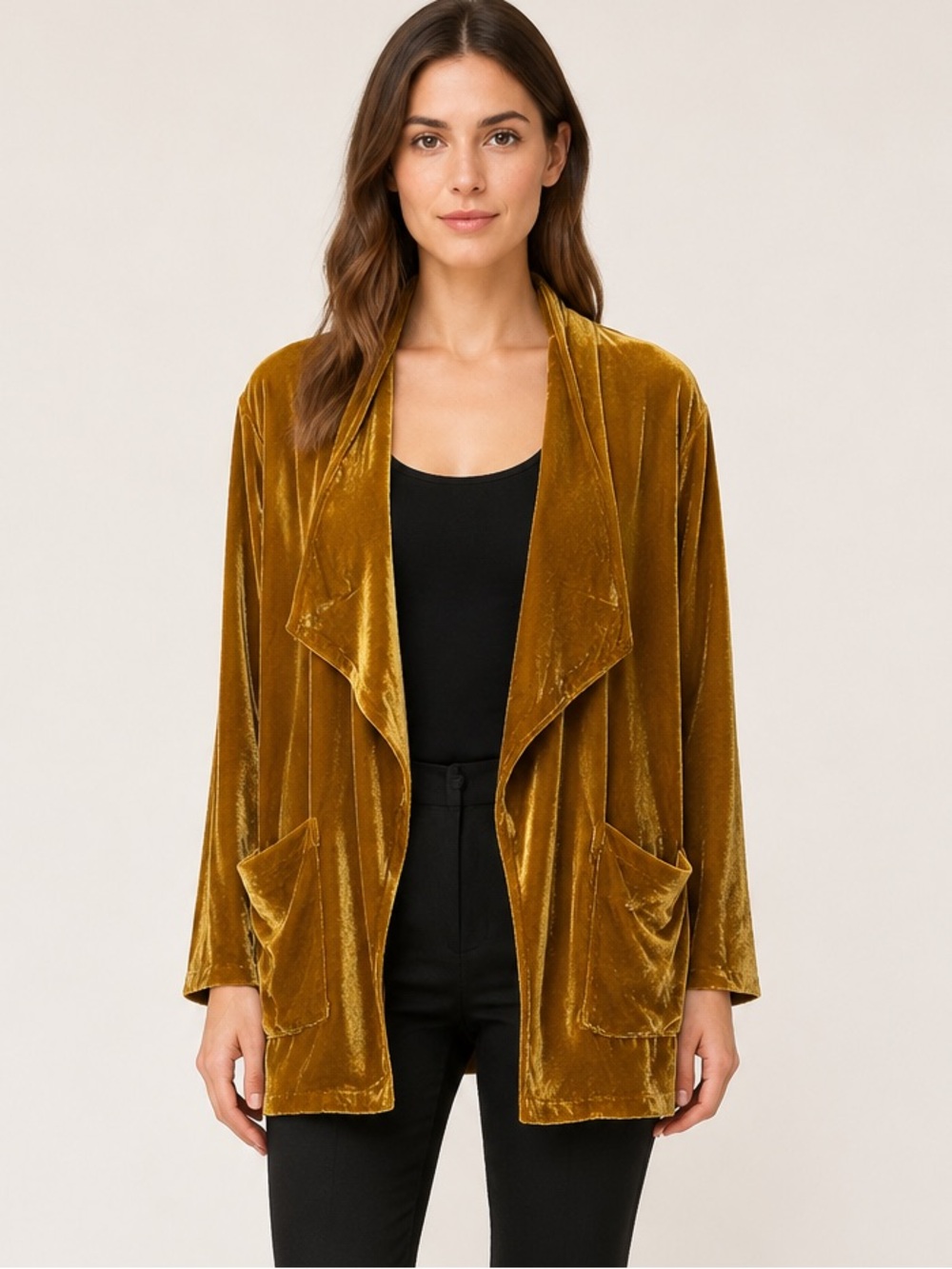 Amaryllis Boho Chic Mustard Gold Velvet Waterfall Cardigan Jacket Size S